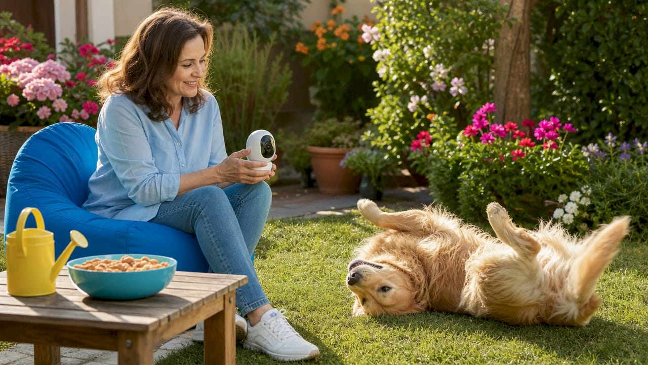 Woman using AI device with golden retriever