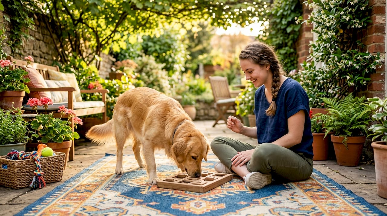 Dog solving a puzzle feeder with owner nearby