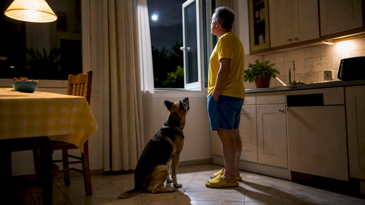 Man observing dog barking indoors at night