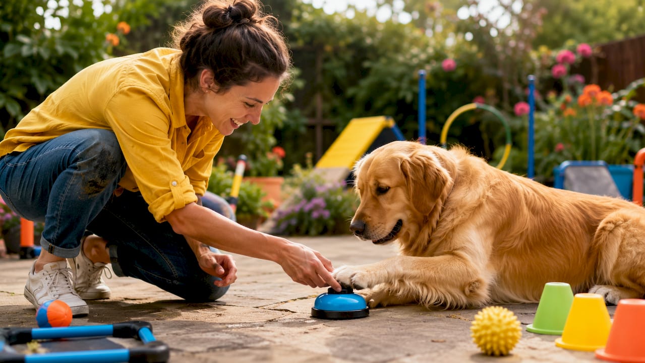 Trainer guiding dog to press communication button