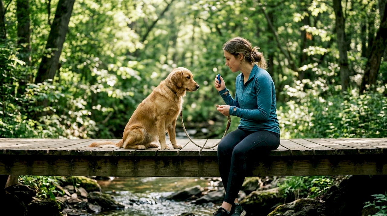 Woman training golden retriever outdoors
