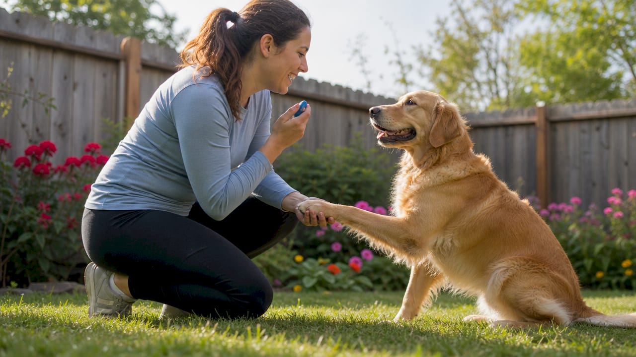 Woman empowering golden retriever with training button