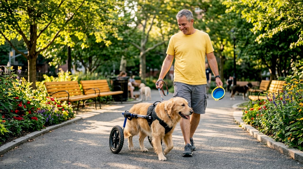 Service dog wearing mobility harness outdoors