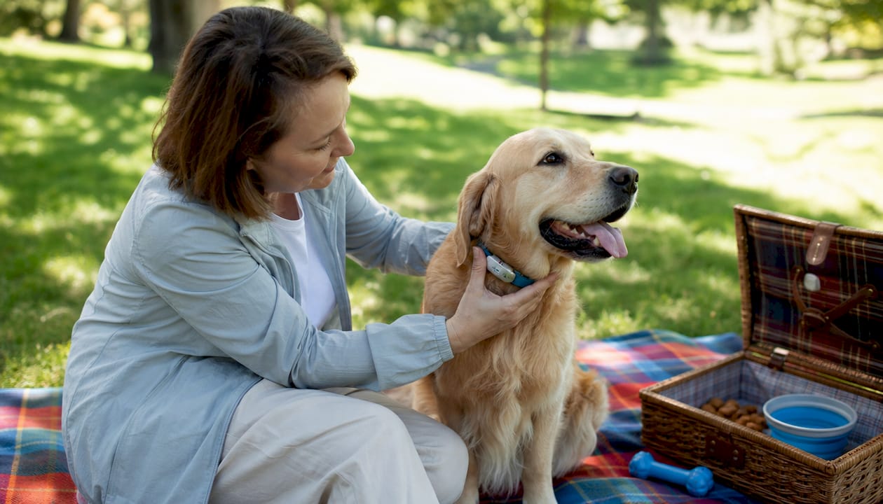 Woman fitting smart collar on dog outdoors