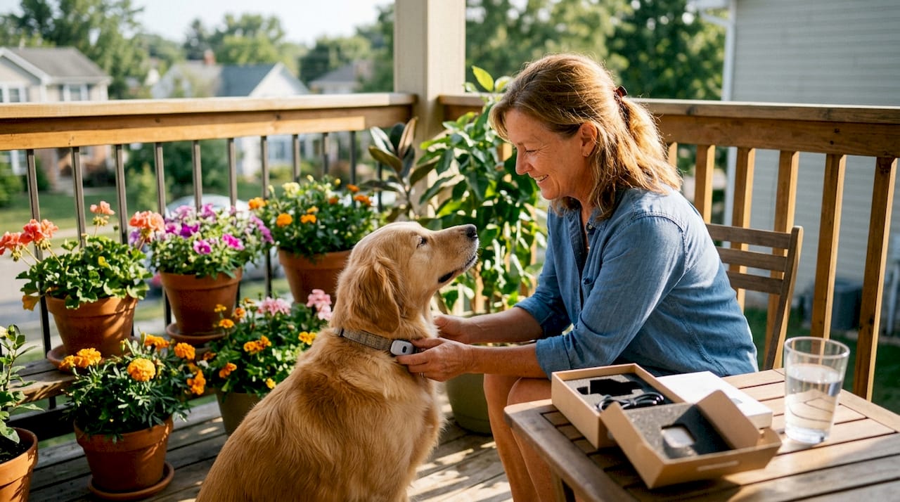 Woman fitting wearable health tracker on dog
