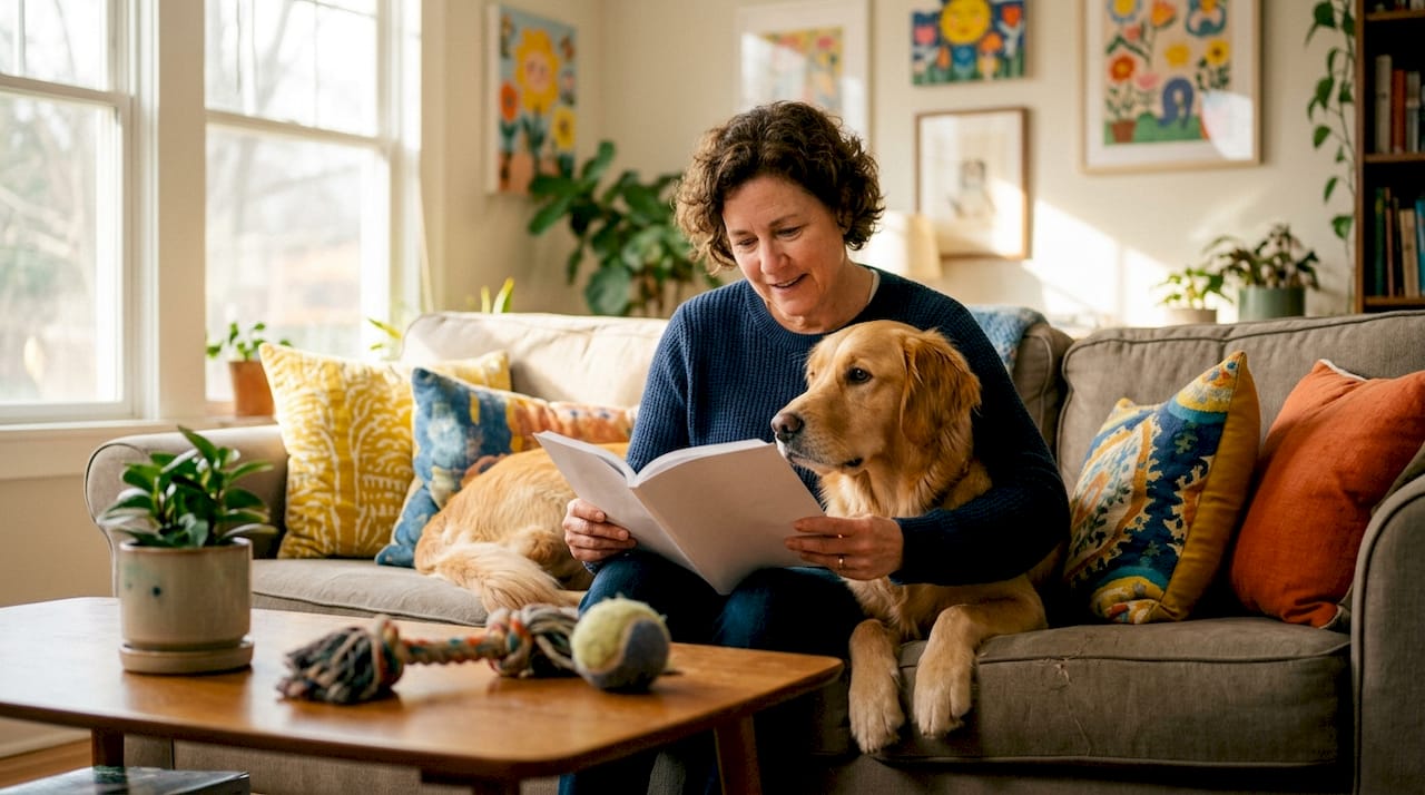 Woman reading while dog looks attentively