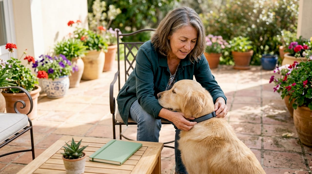 Woman fitting AI collar on golden retriever