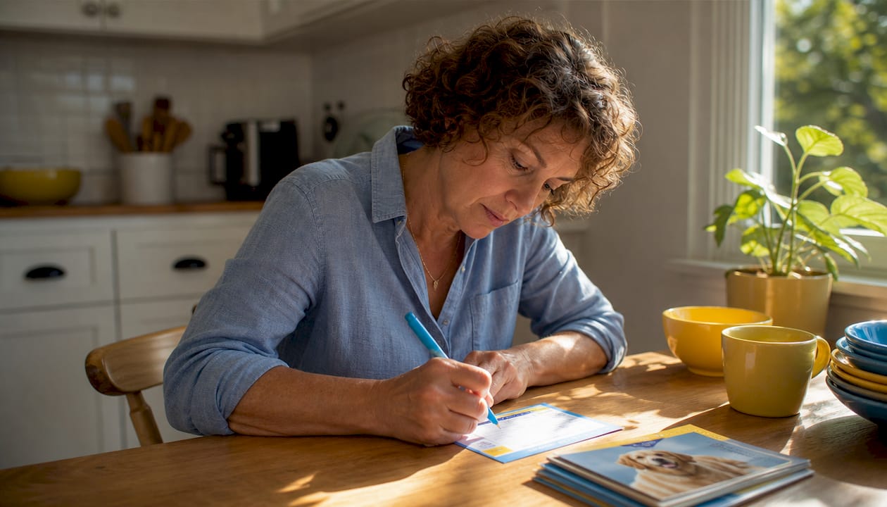 Woman completing pet emergency information card