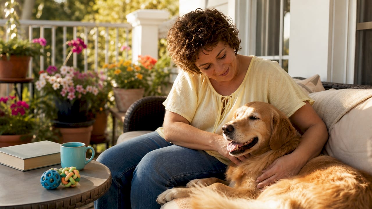 Woman stroking golden retriever on sofa