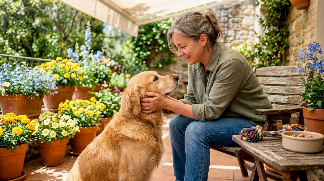 Woman and golden retriever communicating closely