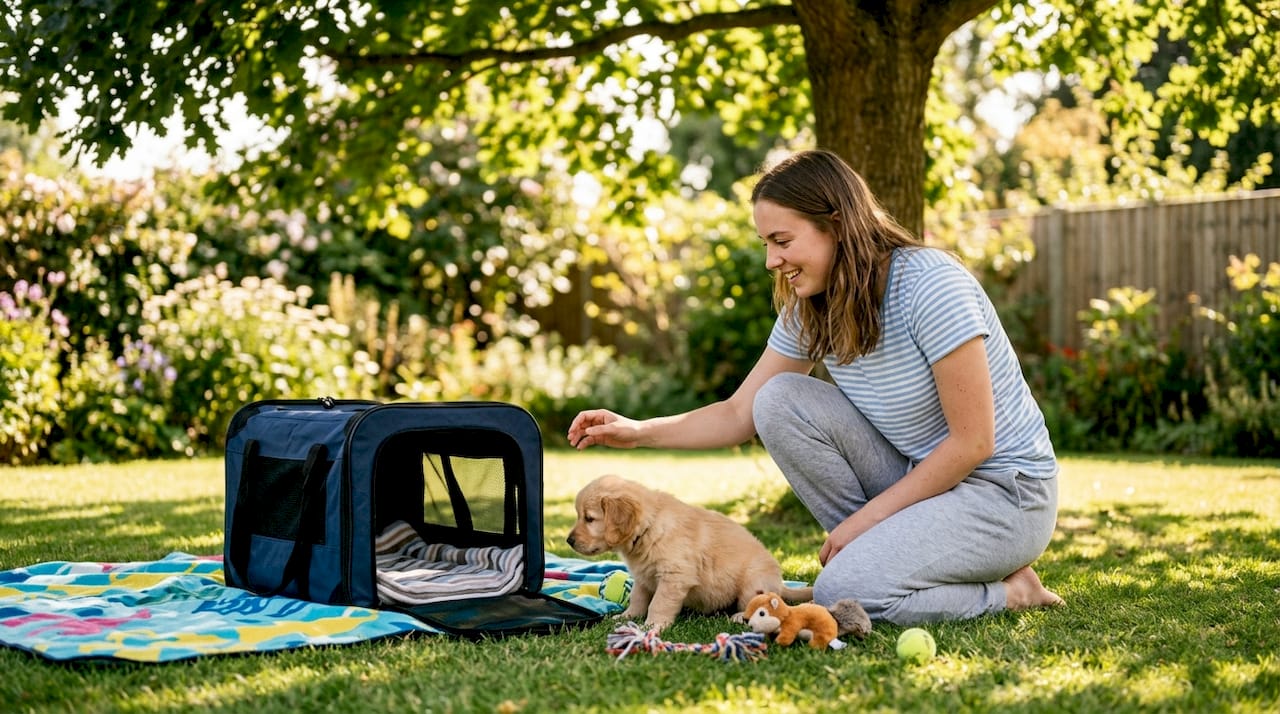 Woman training puppy with crate at home