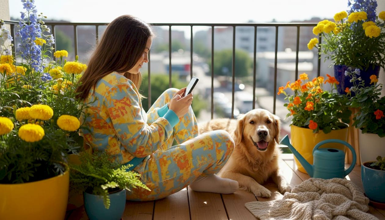 Woman checking pet alert notifications at home