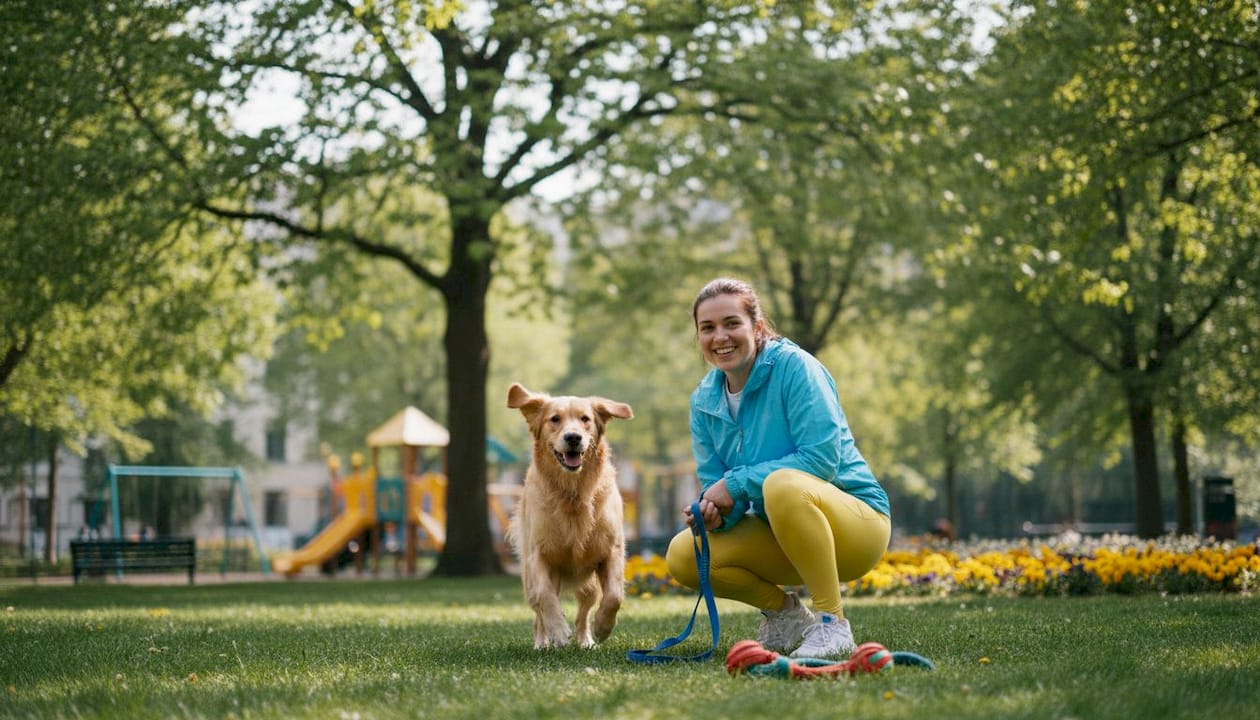 Woman calling golden retriever in backyard