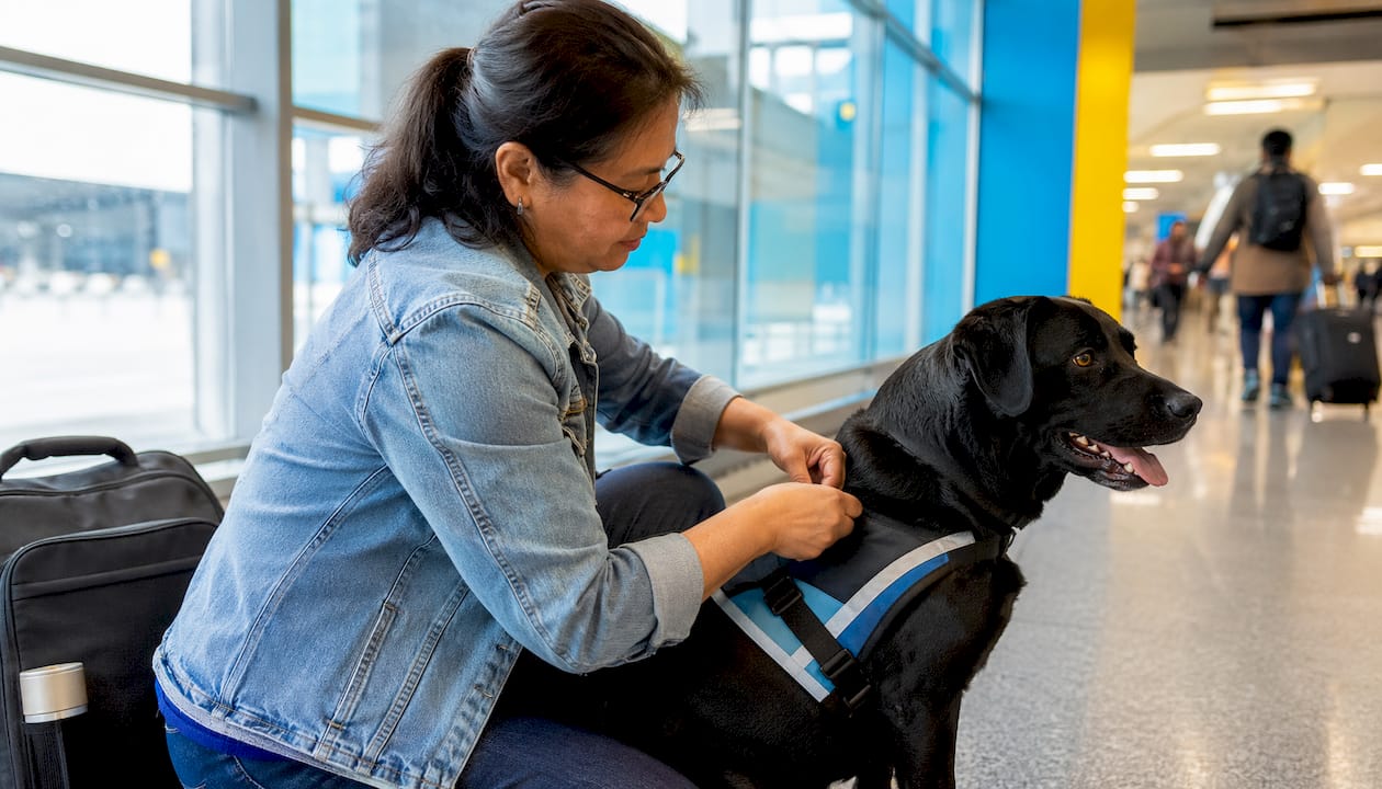Handler preparing service dog in airport terminal