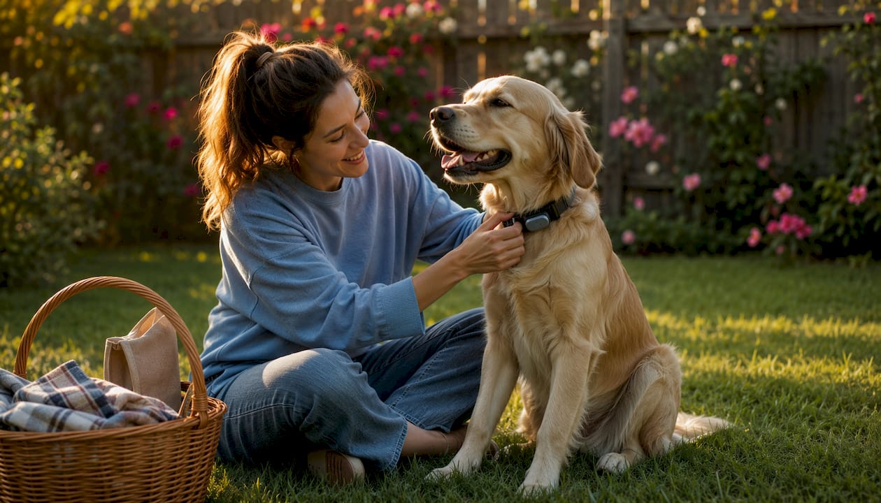 Owner fitting wearable on golden retriever