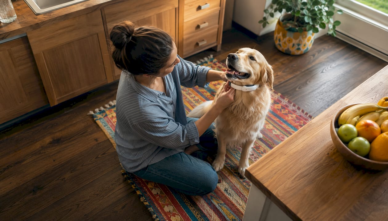 Woman fitting smart collar on golden retriever