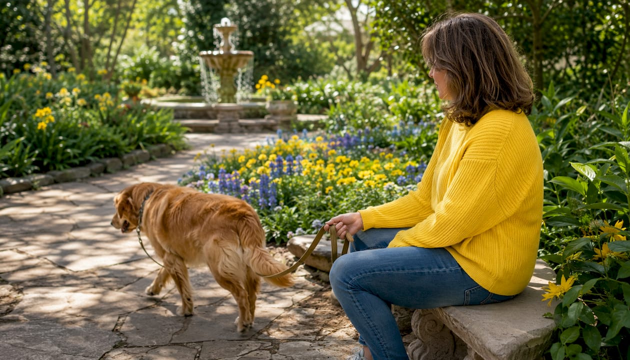 Woman allowing dog to lead walk in park