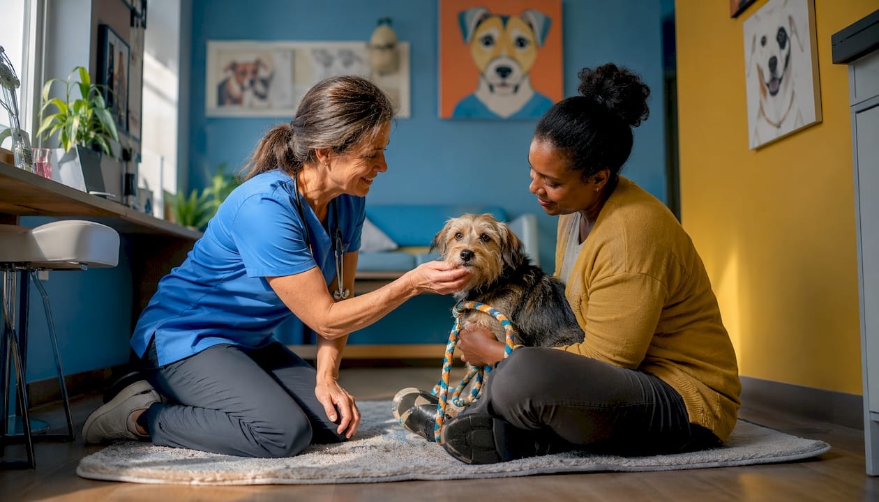 Veterinarian consulting with pet owner and dog