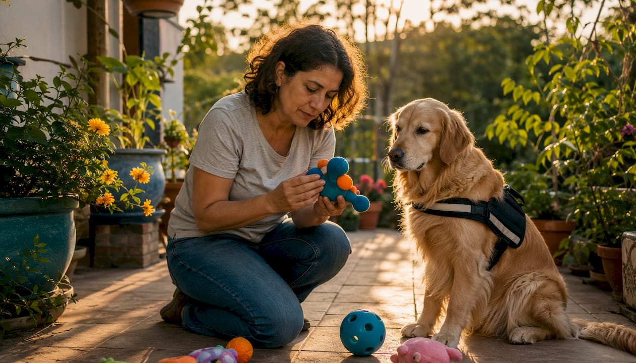 Woman inspecting service dog toy at home
