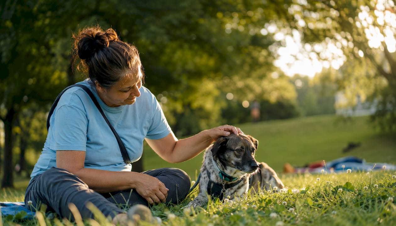 Woman calming anxious dog in living room