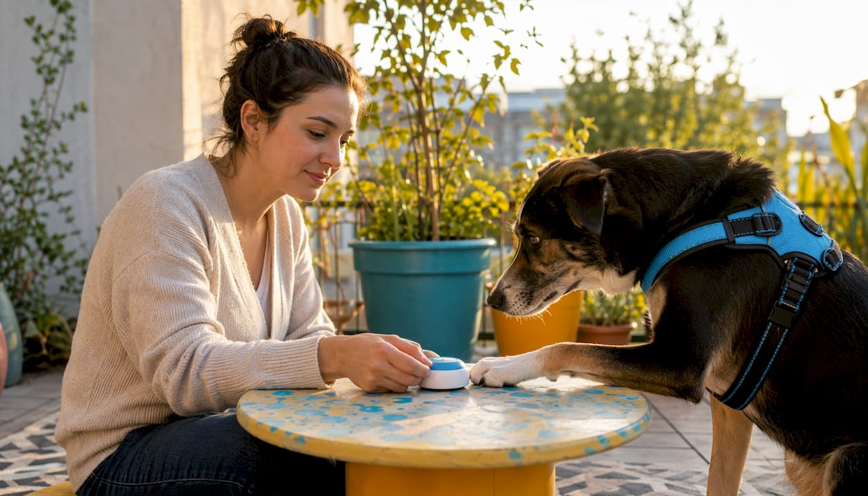 Handler presenting interaction device to attentive service dog
