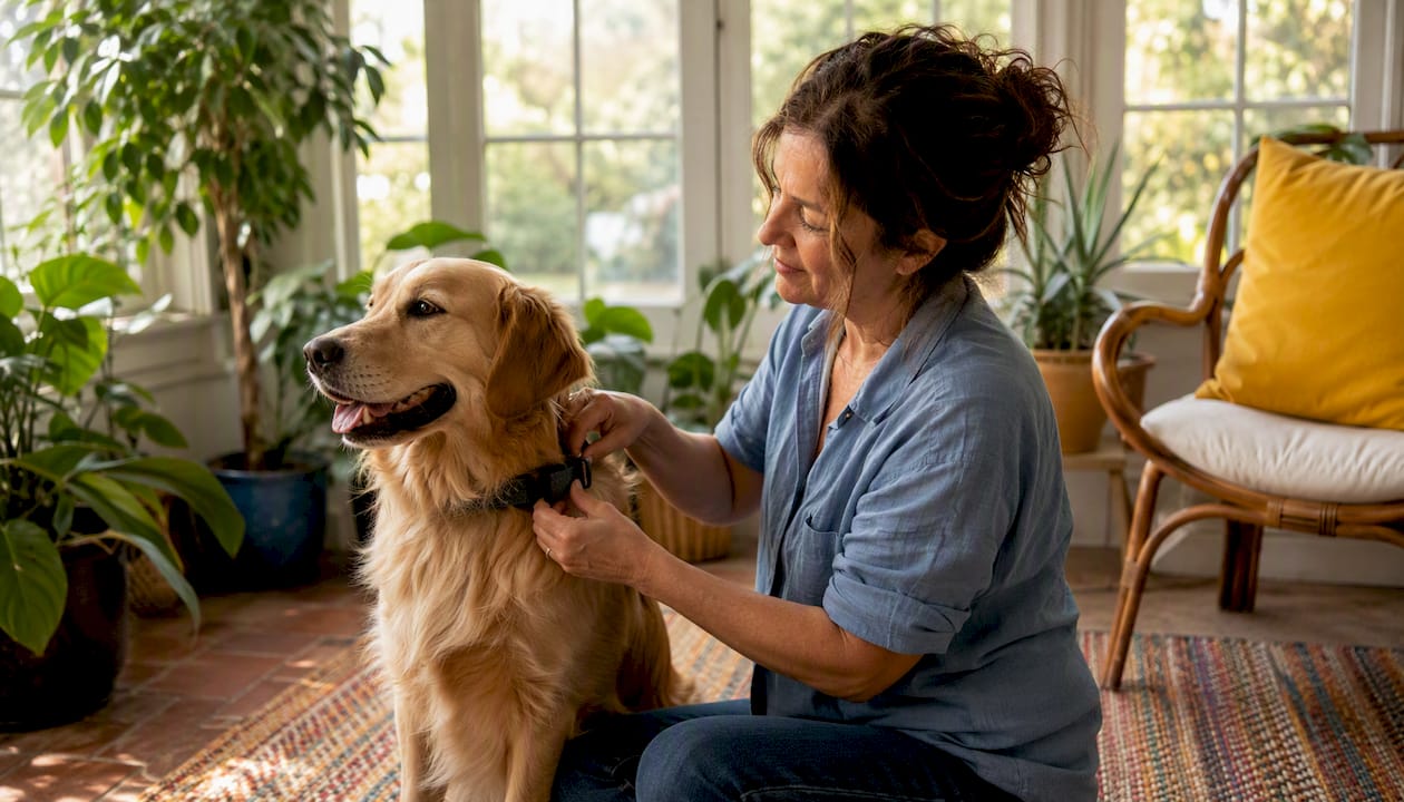 Pet owner fitting GPS collar on golden retriever