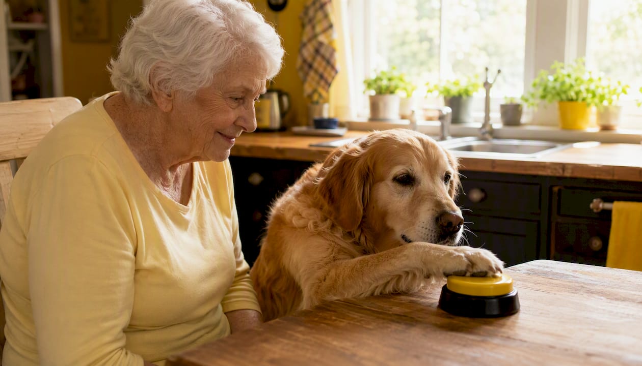 Senior woman with service dog pressing button