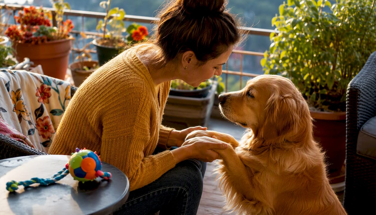 Woman visually communicating with dog indoors