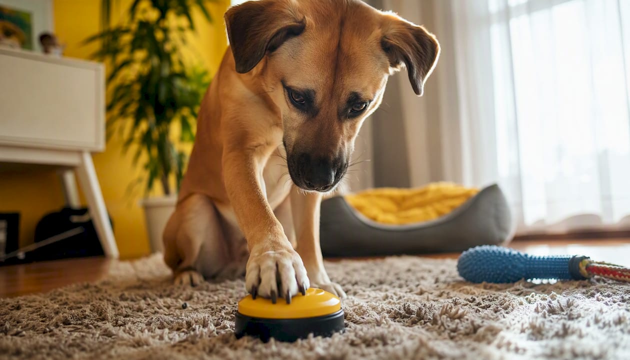 Dog pressing a communication button with paw