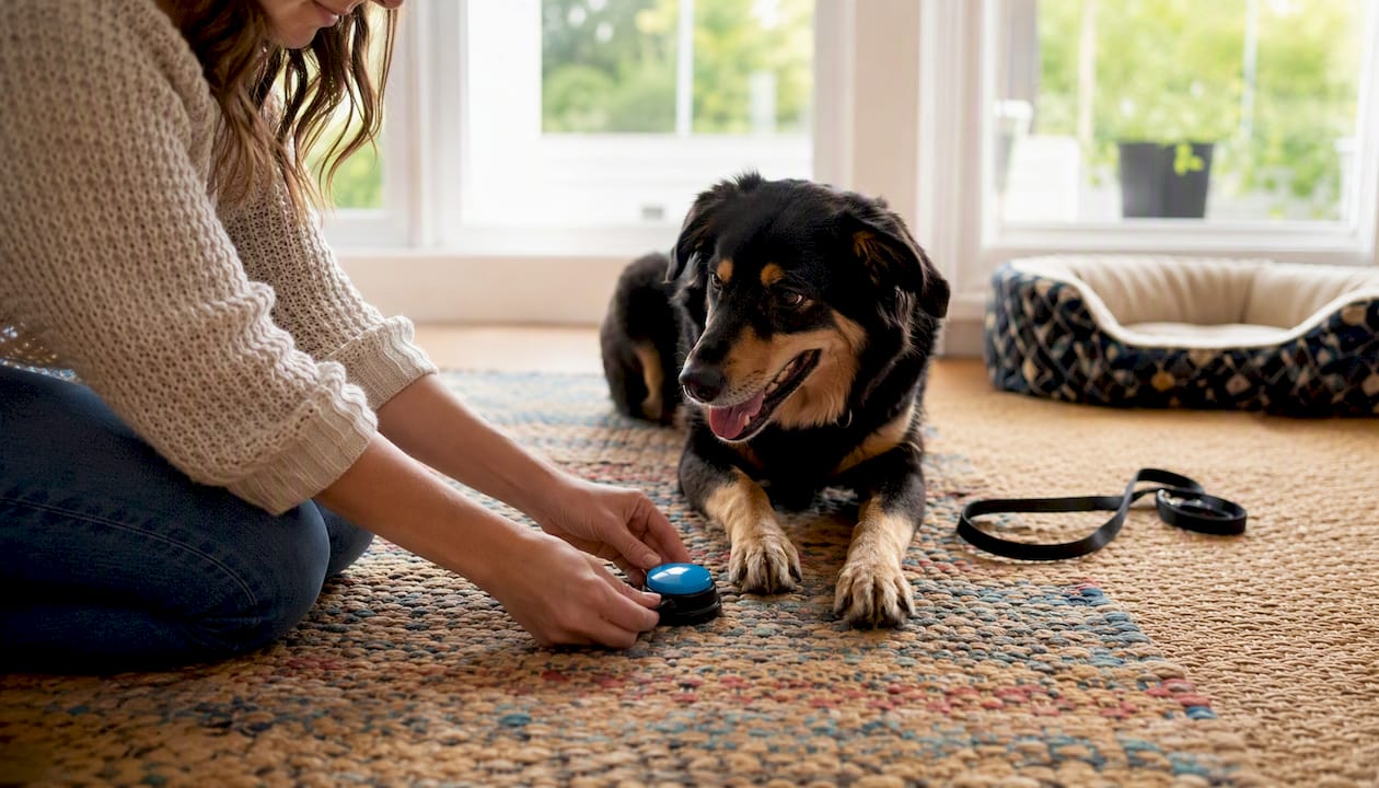 Caregiver placing communication button near dog