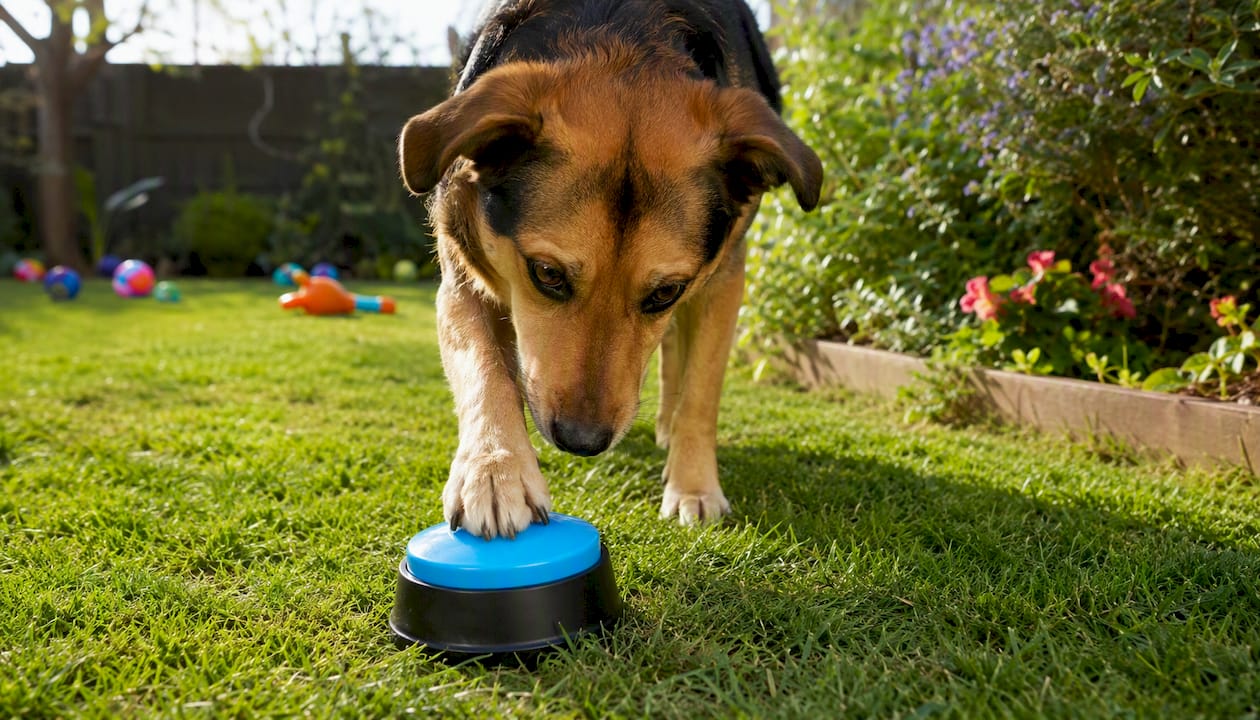 Dog pressing communication button near door