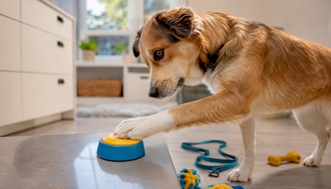 Dog pressing alert button indoors