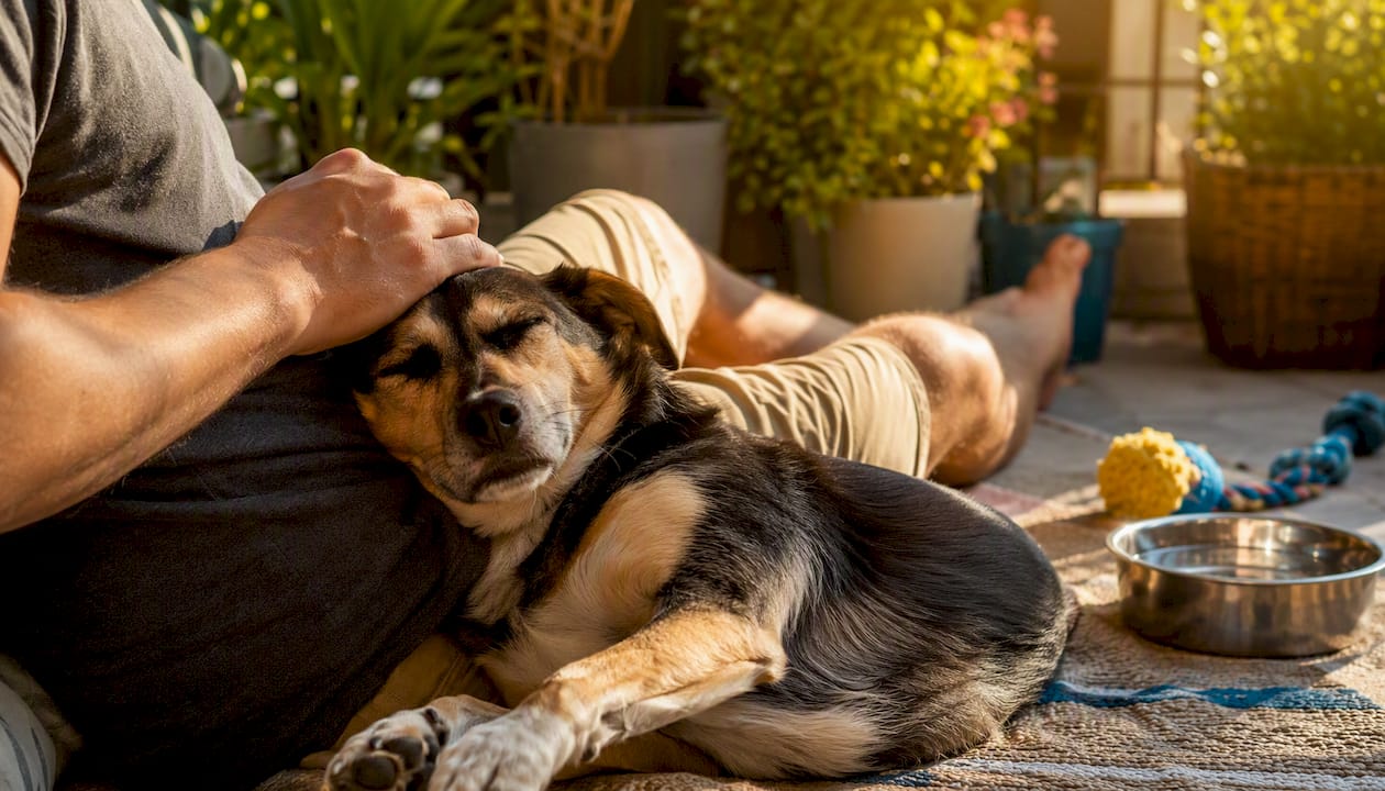 Person petting calm dog indoors