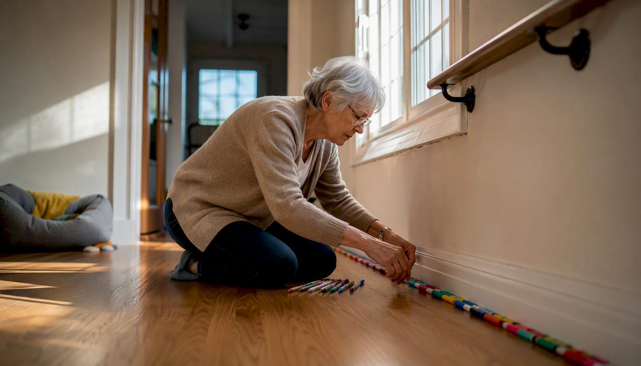 Senior woman marking tripping hazards at home
