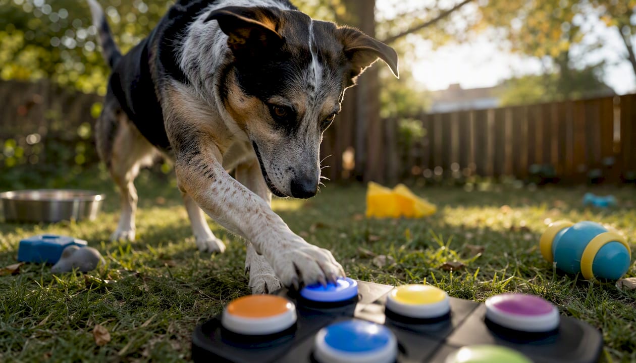 Dog pressing communication button indoors