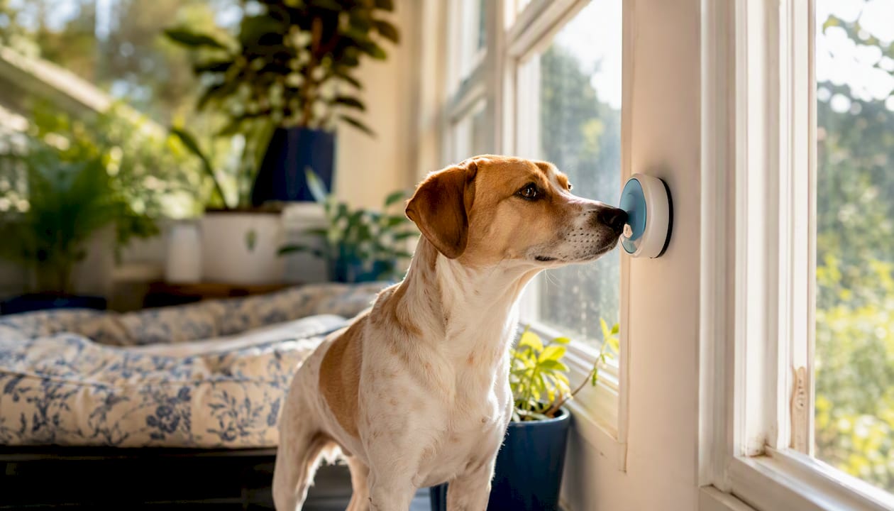 Rescue dog pressing communication button indoors