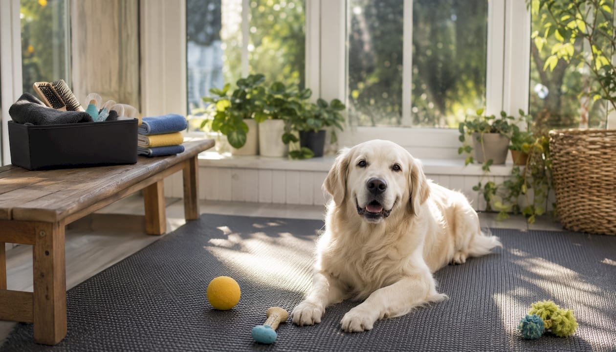 Calm dog sitting on grooming mat