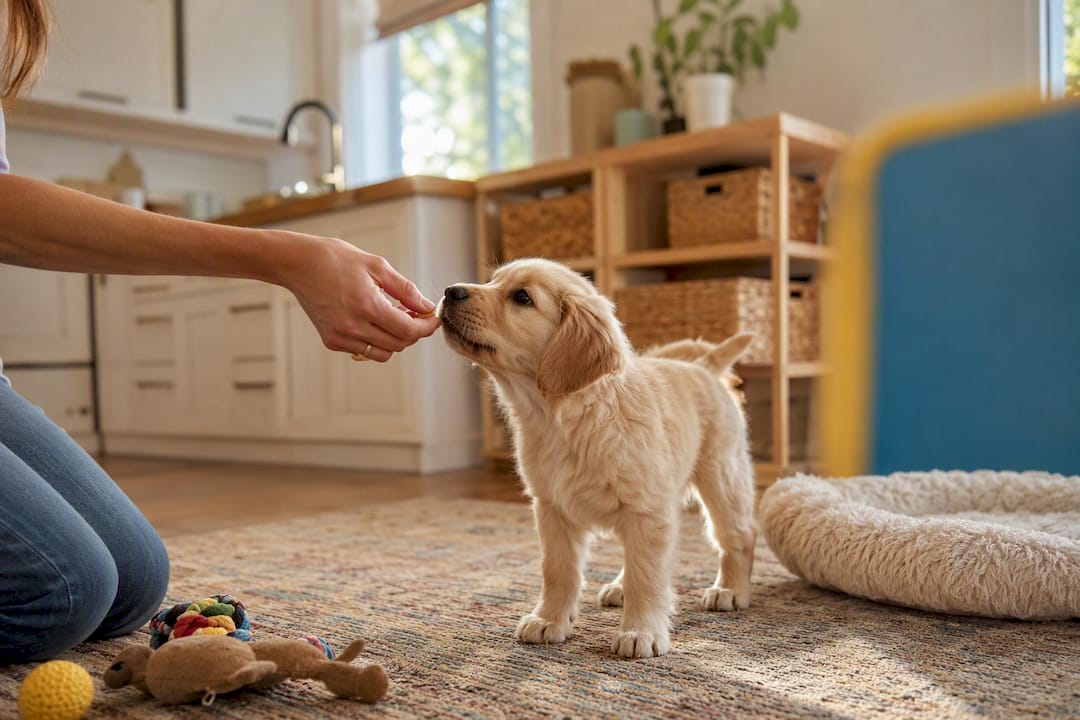 Puppy exploring rug during early training