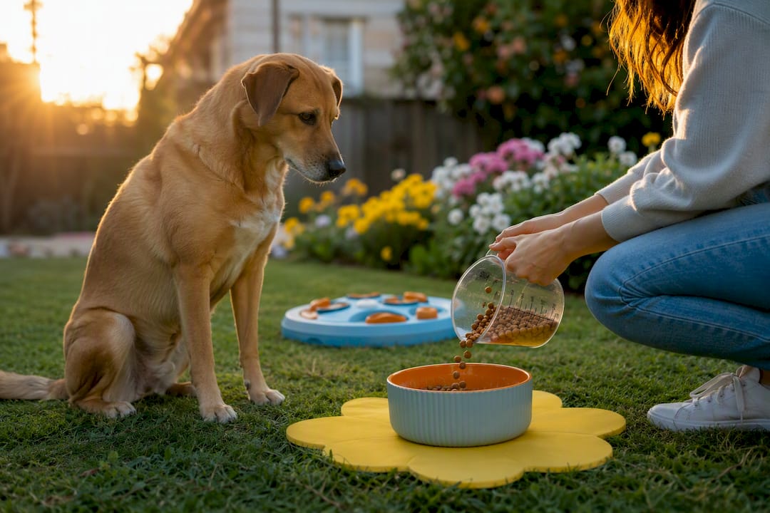 Dog near bowl receiving measured meal