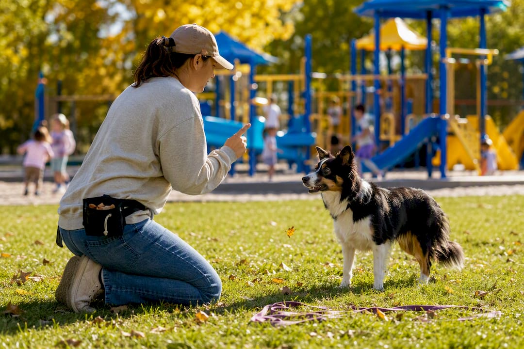Person training dog recall outdoors near distractions