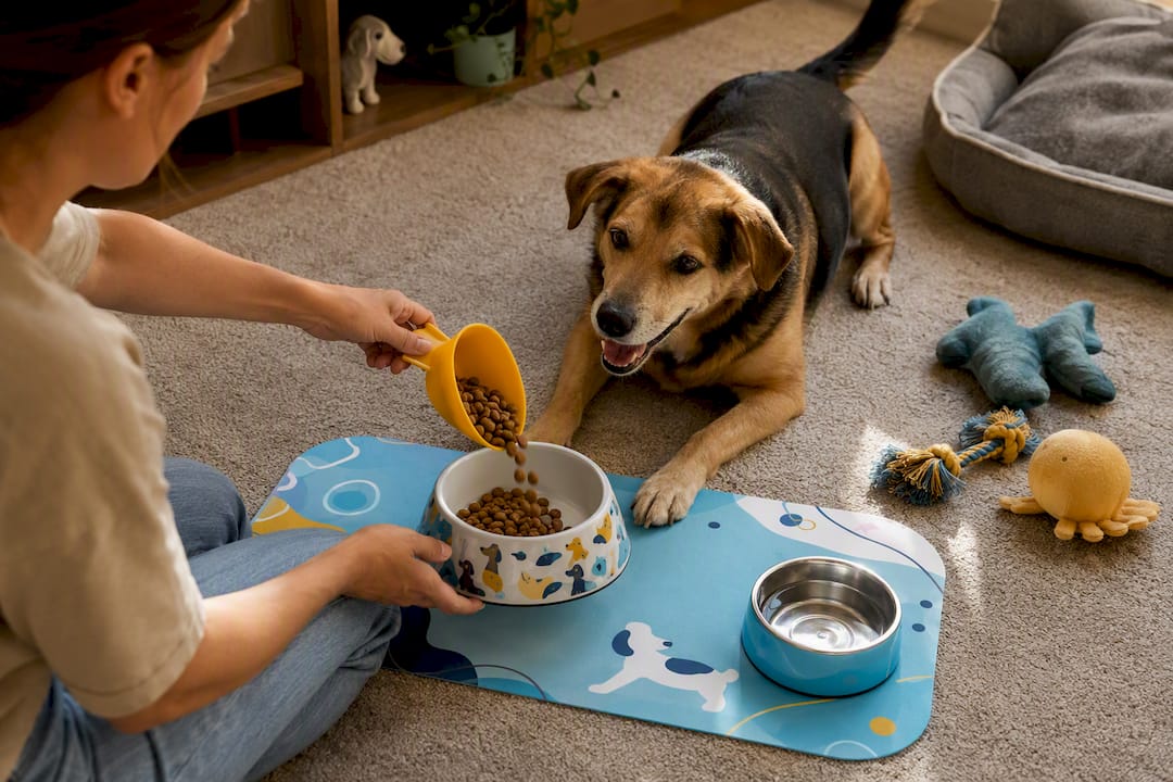 Measured dog food being served at feeding spot