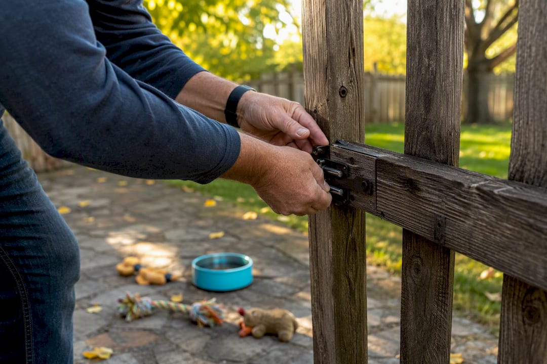 Hands checking backyard gate latch for dog safety