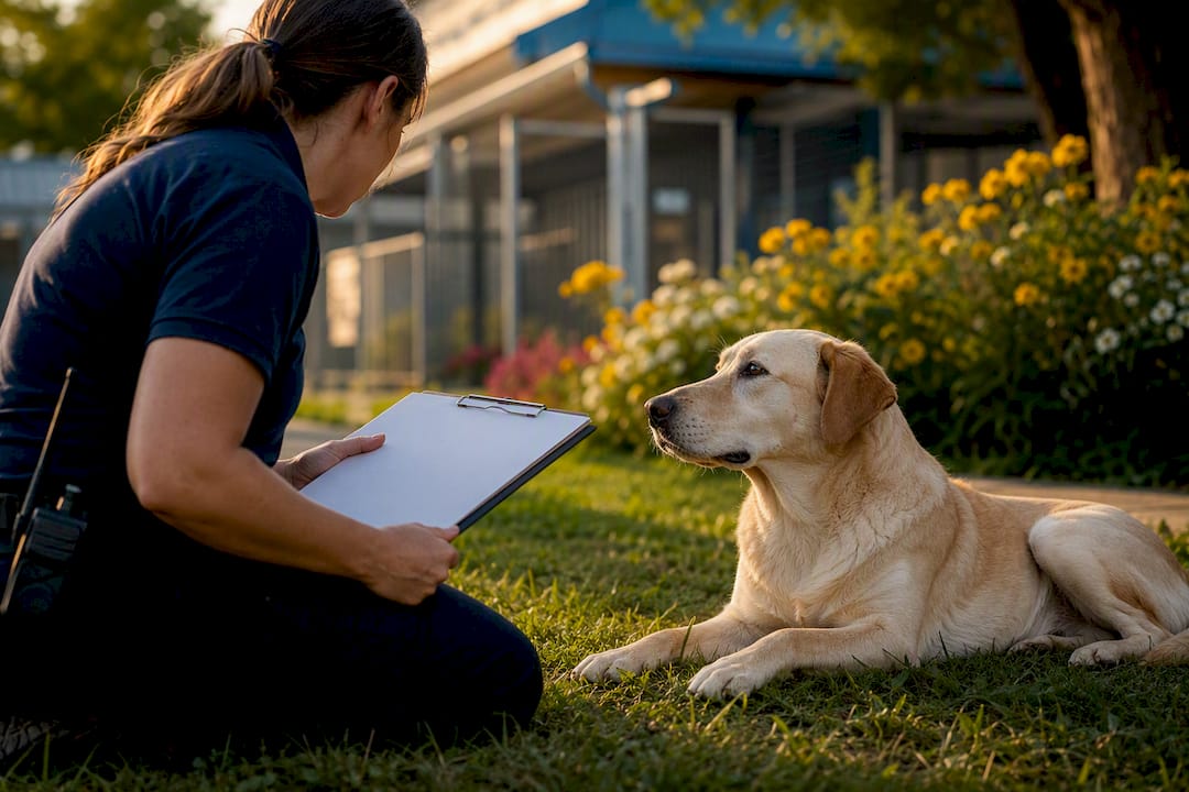 Rescue intake with dog and clipboard