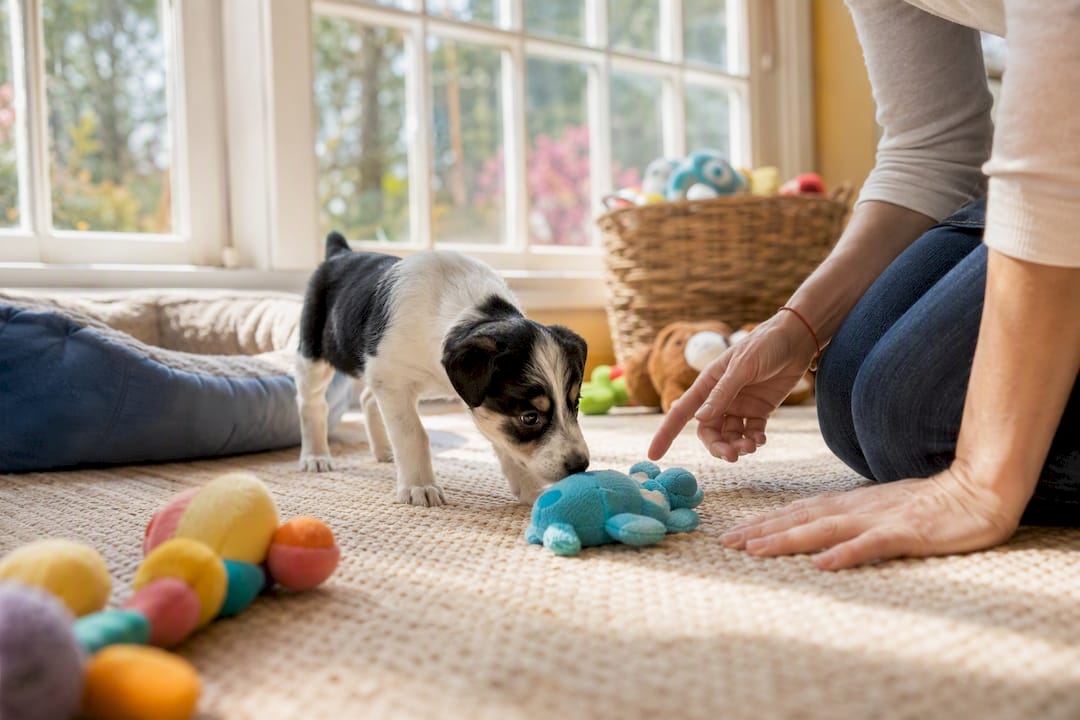 Puppy playing and socializing in home