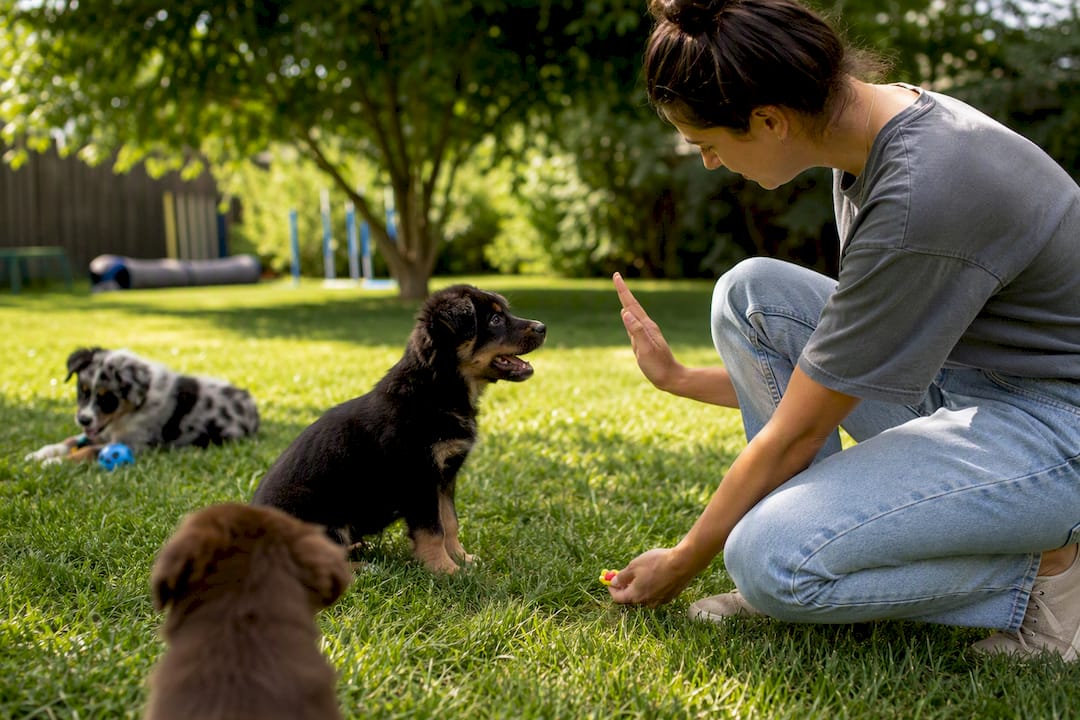 Owner training puppy in home living room
