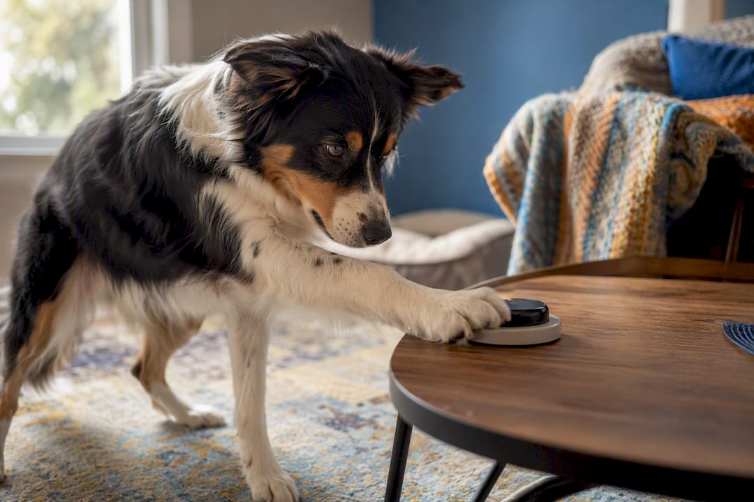 Dog pressing button near front door