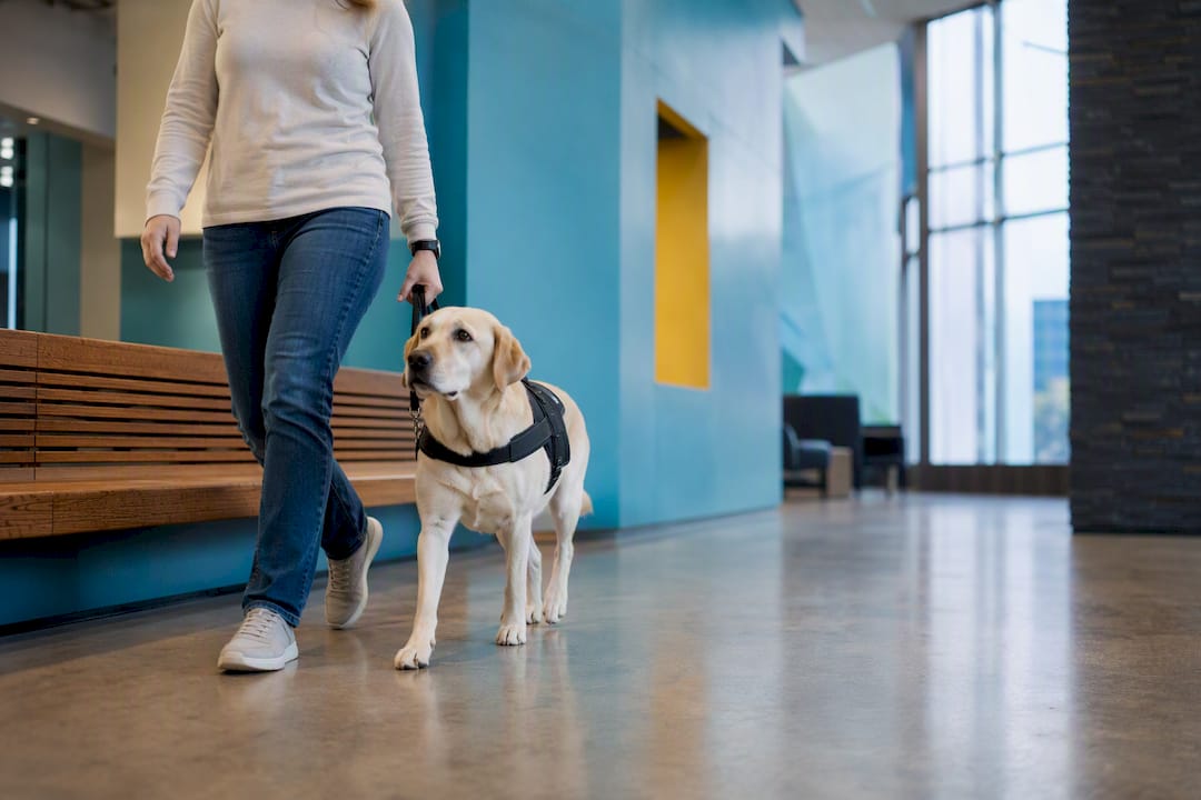 Service dog practicing calm public access heelwork