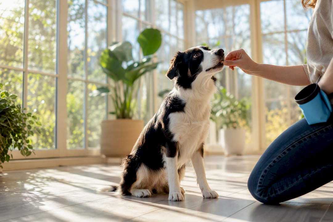 Dog receiving reward during positive training