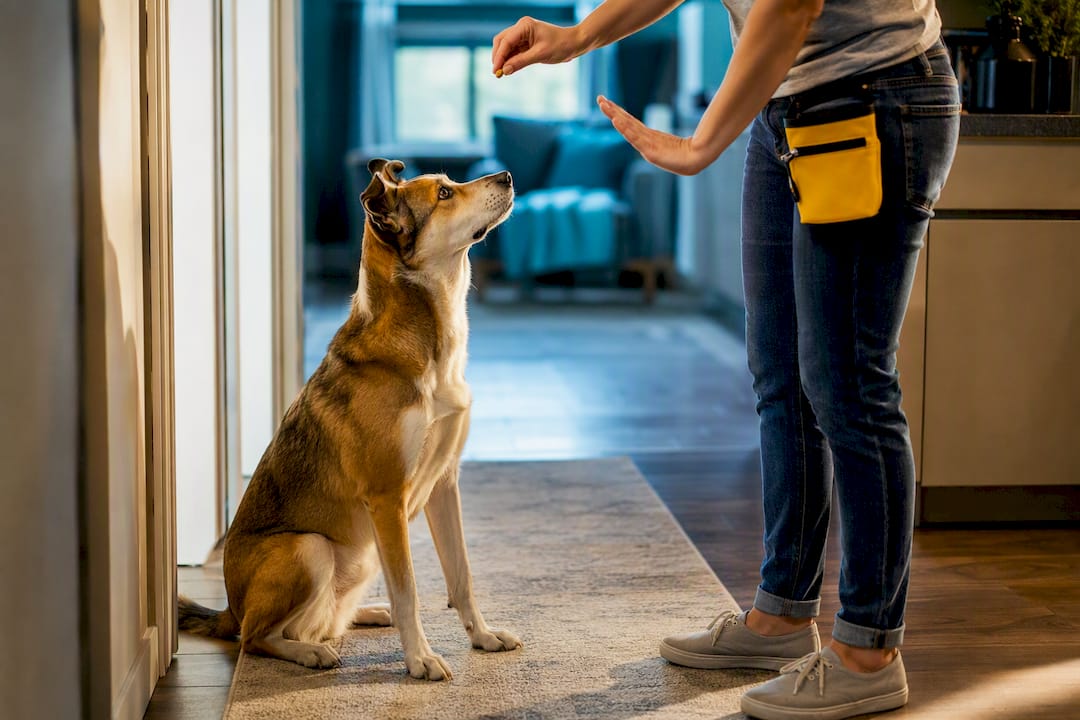 Dog responding to a reward based training cue