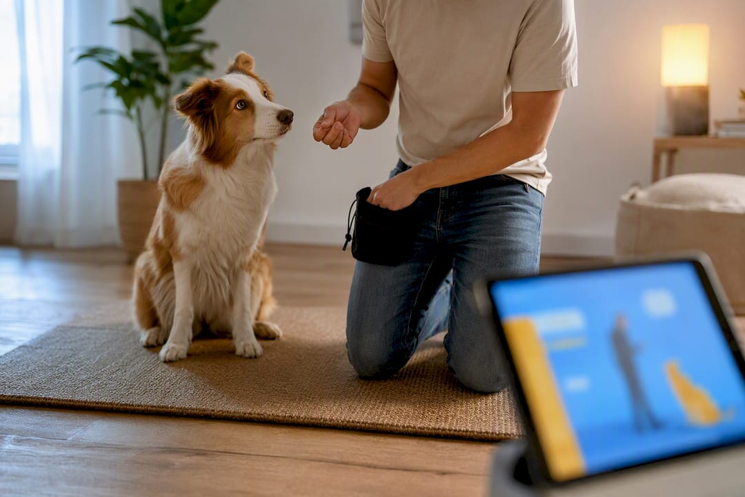 Dog practicing obedience beside training video